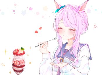 Rule 34 | 1girl, ^ ^, alternate hairstyle, animal ears, bow, bowtie, closed eyes, closed mouth, commentary request, cup, ear bow, food, fruit, green bow, heart, highres, holding, holding spoon, horse ears, horse girl, jacket, joker oowo, long sidelocks, long sleeves, mejiro mcqueen (umamusume), parfait, purple hair, purple sailor collar, sailor collar, school uniform, sidelocks, simple background, smile, solo, sparkle, spoon, strawberry, strawberry parfait, tracen school uniform, umamusume, white background, white bow, white bowtie, white jacket