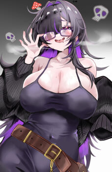 1girl belt black-framed_eyewear black_dress black_hair breasts brown_belt cleavage colored_inner_hair commentary_request covered_navel dress drooling glasses goddess_of_victory:_nikke label_(nikke) large_breasts looking_at_viewer mouth_drool multicolored_hair mushroom_on_head purple_eyes purple_hair saki_illust smile solo