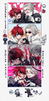 ... 2boys ahoge anger_vein aotsuki_eito armband black_gloves black_halo black_streaks blood blood_on_clothes blood_on_face blue_eyes blue_jacket character_name chibi chibi_inset collage copyright_name crack cracked_glass drooling evil_grin evil_smile fish_head gakuran glasses gloves grabbing_another&#039;s_ear grabbing_another&#039;s_hair grey_hair grin halo hand_on_another&#039;s_ear hand_on_another&#039;s_shoulder hand_on_own_face heart heart_hands heart_hands_duo heart_in_heart_hands highres holding_another&#039;s_hair hood hoodie impaled jacket jacket_over_hoodie knife last_defense_academy_school_uniform male_focus mouth_pull multicolored_hair multicolored_jacket multiple_boys multiple_views no_pupils official_alternate_eye_color official_alternate_hairstyle possessed purple_eyes red_hair school_uniform short_hair smile spikes spoilers streaked_hair sumino_takumi sunglasses sweatdrop the_hundred_line_-last_defense_academy- trembling two-tone_jacket typo wa_ga_ne wasp white_armband white_gloves white_jacket yaoi zombie
