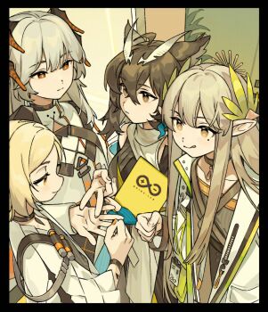 4girls :q arknights black_border black_dress black_horns blonde_hair border brown_eyes brown_hair brown_horns collarbone collared_dress commentary_request dragon_horns dress expressionless feather_hair green_eyes green_hair green_shirt grey_hair hair_between_eyes highres holding holding_notebook horns ifrit_(arknights) jacket laurels long_sidelocks looking_at_another medium_hair muelsyse_(arknights) multiple_girls ng_(lychnis_flos) notebook orange_eyes orange_horns owl_ears pendant_choker pointy_ears rhine_lab_(arknights) rhine_lab_logo rock_paper_scissors saria_(arknights) shirt sidelocks silence_(arknights) silence_the_paradigmatic_(arknights) tongue tongue_out two-tone_dress white_dress white_jacket