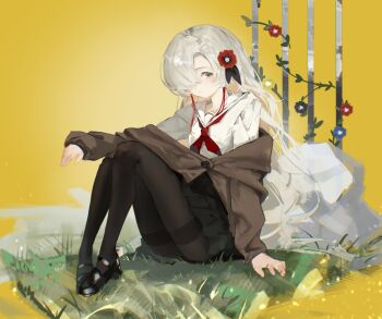 Rule 34 | 1girl, alternate costume, anemone (flower), black pantyhose, breasts, brown cardigan, cardigan, commentary, discharge smp, flower, grey eyes, grey hair, highres, isekaijoucho, kamitsubaki studio, knees up, legs together, long hair, long sleeves, looking at viewer, mary janes, multicolored hair, neckerchief, pantyhose, pleated skirt, red hair, red neckerchief, sailor collar, school uniform, serafuku, shoes, sidelocks, sitting, skirt, small breasts, untranslatable commentary, wavy hair, white sailor collar, white serafuku