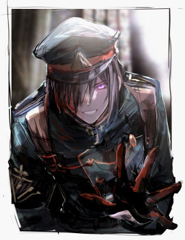 Rule 34 | 1boy, armband, belt, black armband, black belt, black hair, black hat, black pants, blood, blood on clothes, blurry, blurry background, blush, border, burn scar, church, commentary request, gloves, glowing, glowing eyes, green jacket, grin, hair between eyes, hair over one eye, hat, high collar, highres, jacket, looking at viewer, male focus, male yandere, military uniform, original, outside border, pants, peaked cap, purple eyes, reaching, reaching towards viewer, red gloves, ryosugiryota, scar, short hair, shoulder pads, sidelocks, sketch, smile, solo, stained glass, straight hair, upper body, white border, yandere