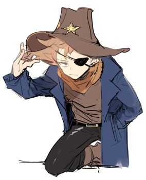 1boy animification bad_id bad_twitter_id belt belt_buckle black_belt black_pants blue_coat boots brown_boots brown_hair brown_hat brown_neckerchief brown_shirt buckle coat cowboy_western eddsworld eyepatch hand_in_pocket hat inactive_account long_sleeves looking_at_viewer male_focus nana_(ebitokanimiso) neckerchief official_alternate_costume open_clothes open_coat painttool_sai_(medium) pants sheriff_(western) shirt short_hair simple_background sketch solo spiked_hair thompson_(eddsworld) tom_(eddsworld) white_background