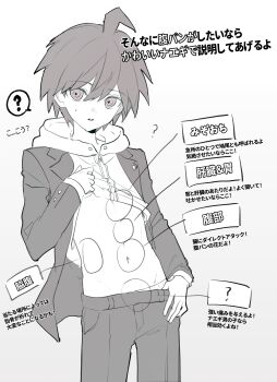 1boy ? absurdres ahoge buttoned_cuffs buttons clothes_lift clothes_pull commentary cowboy_shot danganronpa_(series) diagram gradient_background greyscale groin hair_between_eyes hand_on_own_chest highres hood hood_down implied_reverse_ryona jacket kn0309dg lapels lifting_own_clothes looking_at_viewer male_focus male_underwear male_underwear_peek monochrome navel open_clothes open_jacket pants pants_pull parted_lips pulling_own_clothes punching reverse_ryona shirt shirt_lift short_hair sleeves_past_wrists small_sweatdrop solo spoken_question_mark standing stomach_punch sway_back symbol-only_commentary underwear