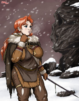 1girl 2024 ass backpack bag blue_eyes blush braid braided_ponytail breasts breath cape cave caveman evolution flute freckles fur_cape gloves homo_neanderthalensis huge_ass huge_breasts ice_age instrument large_breasts lips long_hair madoc muscular muscular_female neanderthal original outdoors polearm prehistoric red_hair red_sky rock science sky smile snow snowing spear tribal weapon