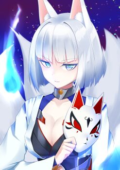1girl absurdres animal_ear_fluff animal_ears ao_komhur azur_lane blue_eyeliner blue_eyes breasts cleavage collar collarbone commentary eyeliner fox_ears fox_girl fox_mask fox_tail highres hitodama holding holding_mask japanese_clothes kaga_(azur_lane) kimono kitsune long_sleeves looking_at_viewer makeup mask medium_breasts metal_belt metal_collar multiple_tails sakuramon short_hair solo tail upper_body white_hair white_kimono white_tail wide_sleeves