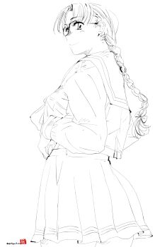 Rule 34 | braid, character name, closed mouth, commentary request, cowboy shot, from side, glasses, greyscale, highres, hoshina tomoko, long hair, long sleeves, mike156, monochrome, pleated skirt, sailor collar, school uniform, serafuku, shirt, signature, simple background, single braid, sketch, skirt, solo, to heart, to heart (series), white background