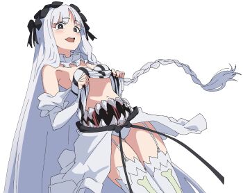 1girl :d anime_coloring armpit_crease bare_shoulders black_bow black_eyes black_ribbon black_sash bow braid braided_sidelock breasts bright_pupils bustier cowboy_shot detached_sleeves dutch_angle extra_mouth fate/strange_fake fate_(series) francesca_prelati_(fate) garter_straps hair_bow highres lifting_own_clothes long_hair long_sidelocks looking_ahead middle_part misplaced_mouth momomatang navel neck_ruff open_mouth panties presenting presenting_stomach ribbon ringed_eyes saliva saliva_trail sash showgirl_skirt sidelocks simple_background sleeves_past_wrists small_breasts smile solo standing stomach stomach_mouth straight_hair striped_clothes teeth thighhighs underwear vertical-striped_clothes very_long_hair very_long_sidelocks waist_sash white_background white_bustier white_hair white_panties white_pupils white_sleeves white_thighhighs