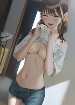 1girl bikini blue_shorts breasts brown_hair clothes_lift commentary_request facing_viewer happy hat highres lifting_own_clothes navel open_mouth original plaid_bikini plaid_clothes rolling_suitcase shadow shirt shirt_lift shorts small_breasts solo standing stomach suitcase swimsuit teeth thighs tongue torn_clothes torn_shorts twintails unworn_hat unworn_headwear upper_teeth_only white_hat white_shirt yellow_bikini yukiyama_momo