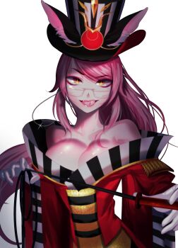 1girl absurdres animal_ear_fluff animal_ears bare_shoulders black_hat breasts choker cleavage coat commentary epaulettes fate/grand_order fate_(series) fox_ears fox_girl glasses hat highres holding holding_whip koyanskaya_(fate) koyanskaya_(foreigner)_(second_ascension)_(fate) large_breasts long_hair long_sleeves looking_at_viewer off_shoulder pink_hair ponytail red_coat sidelocks smile solo tongue tongue_out top_hat whip whygarrrrrrrrrrrrri wide_sleeves yellow_eyes