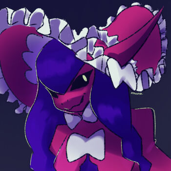 black_sclera blue_hair colored_sclera digimon digimon_(creature) hat highres horns lamia lamiamon long_hair monster_girl notaventura ribbon yellow_eyes