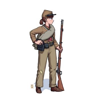 1girl absurdres american_civil_war ammunition_pouch antique_firearm belt blush boots brown_boots brown_hair brown_hat brown_jacket brown_pants buttons commentary confederate_states_of_america firearm firelock flintlock full_body gun hat highres holding holding_gun holding_weapon jacket kepi long_sleeves looking_ahead military military_hat military_uniform musket original ostwindprojekt pants patch patchwork_clothes ponytail pouch red_shirt shadow shirt simple_background soldier solo striped_clothes striped_shirt weapon white_background