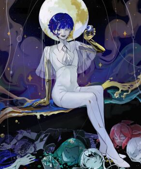 6+others :d absurdres amethyst_(houseki_no_kuni) androgynous antarcticite aqua_gemstone aqua_hair aqua_nails ascot black_shirt blue_eyes blue_hair blue_nails blunt_bangs bowl_cut broken closed_eyes collared_shirt colored_eyelashes colored_skin crack cracked_skin crystal_hair eyeball gem gem_uniform_(houseki_no_kuni) ghost_quartz_(houseki_no_kuni) gold golden_arms hand_rest heterochromia high_collar high_heels highres holding holding_eyeball houseki_no_kuni injury liquid looking_at_viewer lying melting molten_metal moon morganite_(houseki_no_kuni) multiple_others nail_polish necktie nirtin_99 on_back on_ground open_mouth other_focus parted_bangs parted_lips phosphophyllite phosphophyllite_(gemstone) phosphophyllite_(ll) puffy_short_sleeves puffy_sleeves purple_gemstone see-through_clothes see-through_sleeves severed_arm severed_head severed_limb shards shirt shoes short_hair short_hair_with_long_locks short_jumpsuit short_sleeves sidelocks sitting smile white_eyes white_footwear white_hair white_shirt white_skin wide_sleeves wing_collar