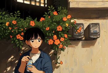 Rule 34 | 1girl, black eyes, black hair, blue jacket, bright pupils, can, closed mouth, collared jacket, flower, highres, holding, holding can, jacket, long sleeves, original, outdoors, short hair, sihyun25, solo, upper body, white pupils
