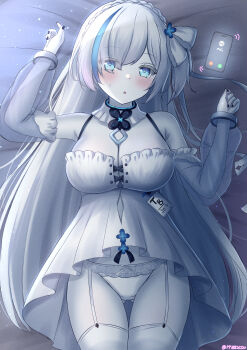 Rule 34 | 1girl, :o, absurdres, aged up, azur lane, black nails, blue eyes, blush, breasts, cellphone, colored skin, commentary request, detached sleeves, dress, four-leaf clover necklace, garter straps, hair over one eye, highres, id card, incoming call, large breasts, long hair, looking at viewer, lying, nail polish, on back, on bed, paashe, pale skin, panties, phone, see-through clothes, see-through sleeves, siren (azur lane), smartphone, solo, sweatdrop, tb (azur lane), tb (type-s) (azur lane), thighhighs, twitter username, underwear, very long hair, white dress, white garter straps, white panties, white skin, white thighhighs