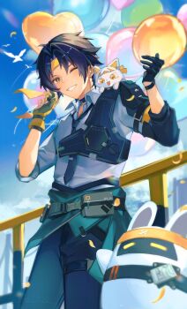 Rule 34 | 1boy, absurdres, aqua jacket, asaba harumasa, asaba harumasa (cat), asaboo (zenless zone zero), balloon, bangboo (zenless zone zero), black choker, black gloves, black hair, black necktie, black pants, blue sky, buckle, cat, choker, clothes around waist, collared shirt, earrings, fang, gloves, grin, headband, highres, holding, holding balloon, jacket, jacket around waist, jewelry, looking at viewer, necktie, one eye closed, pants, partially fingerless gloves, partly fingerless gloves, railing, rena2702, shirt, simple bird, sky, sleeves rolled up, smile, snap-fit buckle, solo, thigh strap, twitter username, white cat, white shirt, yellow eyes, yellow gloves, yellow headband, yugake, zenless zone zero