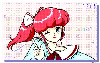 Rule 34 | 1990s (style), 1girl, akazawa kanji, artist name, bad id, blue eyes, blue shirt, bow, bowtie, closed mouth, collarbone, dated, hair bow, head tilt, index finger raised, lipstick, looking at viewer, makeup, medium hair, one eye closed, original, pc-98 (style), portrait, puffy sleeves, red bow, red bowtie, red hair, red lips, retro artstyle, sailor collar, shirt, side ponytail, smile, solo, white bow, white sailor collar