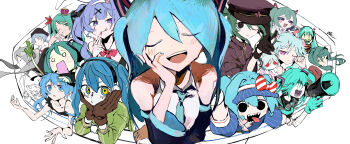 6+girls :p absurdres aimaina alien_alien_(vocaloid) andromedako animal_ears aqua_eyes aqua_gloves aqua_hair aqua_nails aqua_necktie beret black_dress black_eyes black_gloves black_hat black_ribbon black_sclera black_shirt blue_dress blue_hair blue_hat blush bow brown_gloves card chibi claw_pose closed_eyes closed_mouth colored_sclera crown detached_sleeves dress drooling earrings eyewear_on_head facial_mark fake_animal_ears finger_to_mouth fisheye floating_hair flower_pot food gloves green_jacket grey_hair grin hachune_miku hair_ornament hair_over_eyes hair_ribbon hajimete_no_koi_ga_owaru_toki_(vocaloid) hand_on_own_cheek hand_on_own_face hands_on_own_cheeks hands_on_own_face hat hatsune_miku headphones hello_planet_(vocaloid) highres holding holding_card holding_flower_pot holding_megaphone ievan_polkka_(vocaloid) jacket jewelry koi_wa_sensou_(vocaloid) long_hair long_sleeves looking_at_viewer matryoshka_(vocaloid) megaphone mesmerizer_(vocaloid) miku_day mimukauwa_nice_try_(vocaloid) mini_crown mouth_drool multicolored_eyes multiple_girls neck_ribbon necktie no_pupils o_o one_eye_closed open_mouth outstretched_arms peaked_cap pink_bow pink_eyes pink_nails pink_pupils pink_ribbon pinosan pixel_art plant pointing potted_plant puffy_short_sleeves puffy_sleeves purple_hat purple_jacket rabbit_ears rabbit_hole_(vocaloid) red_eyes red_jacket red_ribbon ren&#039;ai_saiban_(vocaloid) ribbon ringed_eyes rubbing_eyes senbonzakura_(vocaloid) sharp_teeth shinkai_shoujo_(vocaloid) shirt short_sleeves slow_motion_(vocaloid) smile songover spaghetti_strap spring_onion striped_bow striped_clothes striped_dress striped_hat suna_no_wakusei_(vocaloid) swirl teeth tongue tongue_out twintails very_long_hair visor_cap vocaloid waitress white_shirt world_is_mine_(vocaloid) wrist_cuffs x_hair_ornament
