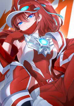 1girl :o absurdres armor armpits bare_shoulders belt belt_buckle blue_eyes blue_ribbon blush breastplate breasts buckle color_timer commentary covered_navel cowboy_shot eyelashes eyeshadow genderswap genderswap_(mtf) ginga_no_kou gloves hair_between_eyes hair_ornament hair_ribbon hand_on_own_hip hand_up hat highres humanization jacket large_breasts leg_up leotard leotard_under_clothes long_hair long_sleeves looking_at_viewer makeup mask mask_pull mouth_mask multicolored_jacket multicolored_leotard off_shoulder omega_symbol pants parted_lips ponytail red_belt red_eyeshadow red_gloves red_hair red_hat red_jacket red_leotard red_mask red_pants ribbon silver_leotard silver_trim solo tokusatsu two-tone_jacket two-tone_leotard two-tone_pants ultra_series ultraman_omega ultraman_omega_(series) visor_cap white_background