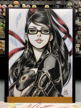 1girl bayonetta bayonetta_(series) bayonetta_1 black_bodysuit black_hair bodysuit breasts cleavage glasses highres long_hair looking_at_viewer mole mole_under_mouth parted_lips portrait solo stanley_lau traditional_media