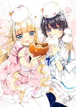 10s 2girls beelzebub-jou_no_okinimesu_mama. beelzebub_(beelzebub-jou) black_hair black_legwear blonde_hair blue_eyes bow breasts cleavage cleavage_cutout clothing_cutout crossover dress egg epaulettes food food_on_face long_hair matoba multiple_girls petals purple_hair school_girl_strikers short_hair sumihara_satoka thighhighs white_legwear wrist_cuffs