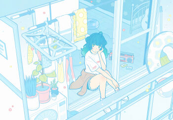 1girl air_conditioner athletic_shoes ball beach_house beachball bed blue_eyes blush cassette_player clothes_around_waist clothes_hanger clothesline floral_print folded_towel heisei_retro highres indoors jacket jacket_around_waist looking_at_viewer original pastel_colors plant plant_request polka_dot pool_float potted_plant radio railing shirt shorts slice_of_life summer t-shirt veranda yoshimon