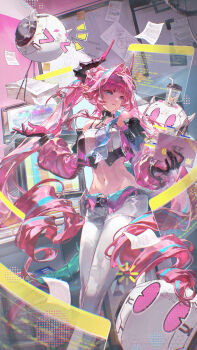 1girl :q absurdres arknights arknights:_endfield bare_shoulders black_gloves black_horns blue_eyes breasts chinese_commentary commentary_request cup disposable_cup gloves hair_intakes hands_up highres holding horns indoors jacket large_breasts long_hair multicolored_gloves multicolored_hair navel pants paper_stack pink_gloves pink_hair pink_jacket pink_pupils robot shiling solo stomach streaked_hair thick_eyebrows tongue tongue_out two-tone_gloves very_long_hair white_pants yvonne_(arknights)