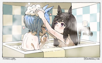Rule 34 | 2girls, animal ears, bath, bathing, bathroom, bathtub, blue hair, blush, brown hair, closed eyes, closed mouth, commentary request, daiichi ruby (umamusume), drill hair, drill sidelocks, hands in another's hair, horse ears, horse girl, k.s.miracle (umamusume), long hair, multiple girls, nude, open mouth, purple eyes, same-sex bathing, saramiao-chan, shampoo, shared bathing, short hair, side drill, sidelocks, smile, soap bubbles, steam, twin drills, umamusume, washing another, washing hair, water, wet, yuri