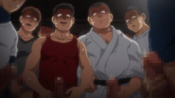 2022 20s 8boys animated animated_gif anime_screenshot aroused baseball_uniform belt black_belt black_hair black_skirt blush bottomless bow bowtie breasts brown_hair bunnywalker censored clubs collarbone dougi erection grabbing_another's_penis gym_storeroom karate karate_gi karate_uniform multiple_boys open_clothes open_mouth penis penis_out precum red_tank_top saimin_seishidou school shaved_head short_hair skirt sportswear surprised sweat t-rex_(animation_studio) tagme tank_top wide-eyed