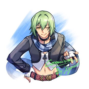 1boy androgynous belt blue_scarf closed_mouth commentary commission eiyuu_densetsu english_commentary fingerless_gloves gloves green_hair highres looking_at_viewer male_focus navel one_eye_closed scarf smile solo upper_body wazy_hemisphere white_gloves yellow_eyes yewlania zero_no_kiseki