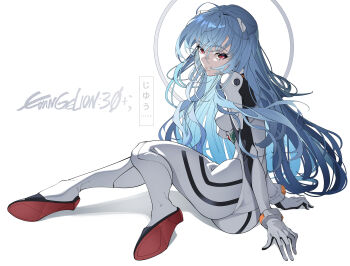1girl absurdres ayanami_rei blue_hair bodysuit breasts commentary english_commentary evangelion:_3.0+1.0_thrice_upon_a_time hair_between_eyes hairpods highres jhaysie long_hair looking_at_viewer mecha_pilot_suit medium_breasts neon_genesis_evangelion on_floor on_ground plugsuit_(evangelion) rebuild_of_evangelion red_eyes sitting solo white_background white_bodysuit