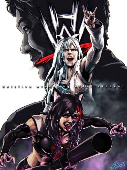 1boy 2girls animal_ear_fluff animal_ears arm_up black_hair blue_bow blue_eyes bow breasts brown_eyes buru-dai commentary_request crazy_smile detached_sleeves facial_hair fox_ears fox_girl fox_shadow_puppet highres hololive lips logo logo_parody long_hair multicolored_hair multiple_girls muscular muscular_female ookami_mio open_mouth parody red_bow red_hair shirakami_fubuki short_hair signature smile streaked_hair stubble teeth tongue tongue_out turret virtual_youtuber white_hair wolf_ears wolf_girl wrestler wwe yagoo yellow_eyes