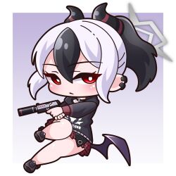 Rule 34 | 1girl, absurdres, black footwear, black hair, black hoodie, black wings, blue archive, blush, chibi, closed mouth, clothes writing, commentary request, ear piercing, full body, grey hair, gun, h&amp;k p30, hair between eyes, halo, handgun, highres, holding, holding gun, holding weapon, hood, hood down, hoodie, horns, kayoko (blue archive), low wings, multicolored hair, piercing, plaid, plaid skirt, pleated skirt, ponytail, purple background, red eyes, red skirt, saishosaisekojo, shoes, skirt, solo, two-tone background, two-tone hair, weapon, white background, wings