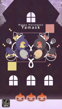 alternate_color bow candy food gen_5_pokemon ghost halloween halloween_bucket hat highres holding jack-o&#039;-lantern lollipop mask meme_(sleepsheep) nintendo no_humans pokemon pokemon_(creature) pokemon_focus pumpkin red_eyes shiny_pokemon swirl_lollipop witch_hat yamask yellow_eyes