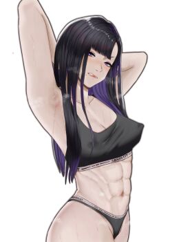 1girl abs absurdres armpits arms_behind_head arms_up black_hair breasts clenched_teeth colored_inner_hair covered_erect_nipples cut_bangs eunhwa_(nikke) frown goddess_of_victory:_nikke highres ja-akuna lips long_hair looking_at_viewer mole mole_under_mouth multicolored_hair navel purple_eyes purple_hair simple_background small_breasts solo sportswear steam steaming_body sweat teeth toned toned_female white_background