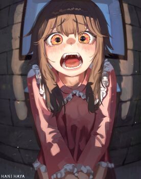 1girl absurdres artist_name blush commentary_request cowboy_shot dress frilled_dress frills hani_haya highres indoors kono_subarashii_sekai_ni_shukufuku_wo! long_hair long_sleeves looking_at_viewer megumin official_alternate_costume open_mouth orange_eyes pink_dress scene_reference screaming sitting solo stone_wall window