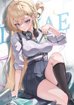 Rule 34 | 1girl, absurdres, aqua necktie, black skirt, black socks, blonde hair, blue eyes, breasts, closed mouth, commentary, earrings, hair ornament, headphones, headphones around neck, highres, hodissi, id card, jewelry, large breasts, long hair, looking at viewer, lynae (wuthering waves), multicolored hair, necktie, shirt, sitting, skirt, skull hair ornament, socks, solo, star (symbol), star earrings, streaked hair, white shirt, wuthering waves