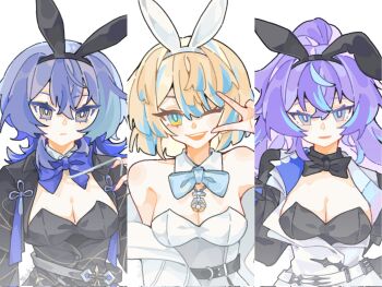 3girls animal_ears belt black_belt black_jacket black_leotard blonde_hair blue_bow blue_bowtie blue_eyes blue_hair bow bowtie breasts cleavage colored_tips commentary cropped_jacket detached_collar fake_animal_ears flipped_hair frown genderswap genderswap_(mtf) gradient_eyes hibachi_mana highres hoshirube_sho jacket koyanagi_rou leotard looking_at_viewer multicolored_eyes multicolored_hair multiple_girls nijisanji off_shoulder one_eye_closed open_mouth ponytail purple_hair rabbit_ears short_hair shuxingbuming_moxiaobai simple_background smile strapless strapless_leotard symbol-only_commentary upper_body v v_over_eye virtual_youtuber white_background white_belt white_jacket white_leotard yellow_eyes