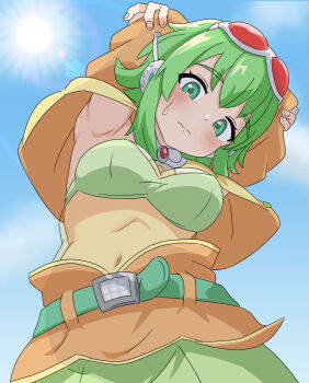 1girl armpits belt blush breasts cropped_jacket from_below goggles goggles_on_head gokaku180 green_belt green_eyes green_hair gumi headset highres jacket looking_at_viewer navel orange_jacket see-through_clothes short_hair solo vocaloid wavy_mouth