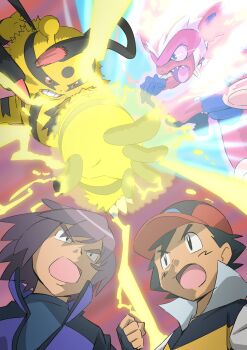 2boys ash_ketchum black_eyes black_gloves black_hair clenched_hand commentary_request electivire electricity fingerless_gloves gen_4_pokemon gloves hat highres infernape jacket male_focus multiple_boys nintendo open_mouth paul_(pokemon) pokemon pokemon_(anime) pokemon_(creature) pokemon_dppt_(anime) red_headwear shirt short_hair teeth tongue yusuke_oshida