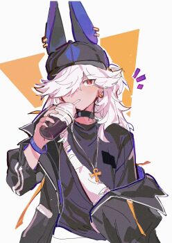 1boy alternate_costume animal_hat ankake9yakisoba ankh ankh_necklace black_choker black_hat black_jacket black_shirt choker commentary_request cup cyno_(genshin_impact) dark-skinned_male dark_skin drinking_straw drinking_straw_in_mouth genshin_impact hair_between_eyes hair_over_one_eye hat highres holding holding_cup jacket jewelry long_hair long_sleeves male_focus off_shoulder shirt simple_background solo upper_body white_hair