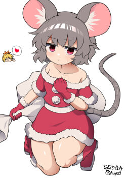 2girls absurdres animal_ears blonde_hair boots chups commentary_request dated dress fur-trimmed_boots fur-trimmed_dress fur-trimmed_gloves fur_trim gloves grey_hair hair_between_eyes hair_ornament heart highres holding holding_sack looking_at_viewer medium_hair mouse_ears mouse_tail multicolored_hair multiple_girls nazrin purple_eyes red_dress red_gloves sack santa_costume santa_dress signature simple_background smile solo_focus spoken_heart sweat tail thick_thighs thighs toramaru_shou touhou white_background