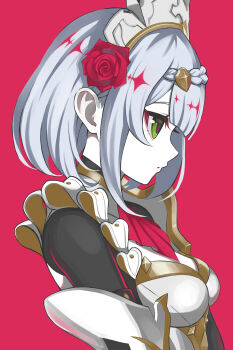 1girl absurdres ascot bob_cut flower from_side genshin_impact green_eyes grey_hair hair_flower hair_ornament highres kurenairan77 maid_headdress noelle_(genshin_impact) parted_lips red_ascot red_background red_flower red_rose rose short_hair solo upper_body