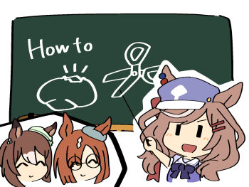 3girls alternate_costume animal_ears blush brown_hair chalkboard closed_eyes commentary_request english_text fine_motion_(umamusume) hair_between_eyes hair_ornament highres horse_girl ikuno_dictus_(umamusume) looking_at_viewer matikanetannhauser_(umamusume) multiple_girls portrait school_uniform smile tracen_school_uniform umamusume white_background yuyunoya