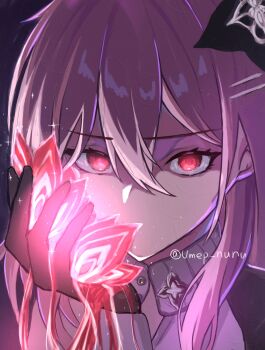 1girl black_flower black_gloves close-up collared_shirt evernight_(honkai:_star_rail) flower flower_on_face gloves glowing hair_between_eyes hair_flower hair_ornament hair_over_shoulder highres holding holding_flower honkai:_star_rail honkai_(series) light_particles liquid long_hair march_7th_(honkai:_star_rail) no_mouth official_alternate_costume official_alternate_eye_color red_eyes red_flower shirt solo twitter_username umep_nunu