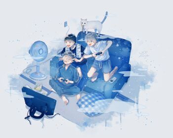 3boys :d absurdres amenojaku barefoot black_hair black_shirt blue_jacket blue_pants blue_shorts blue_theme bracelet cat commentary_request controller couch covering_another's_eyes crossed_legs cushion electric_fan electric_plug electrical_outlet frown full_body game_controller grey_hair highres holding holding_controller holding_game_controller jacket jewelry male_focus multiple_boys open_mouth original pants shirt short_hair shorts signature smile splatter television white_shirt