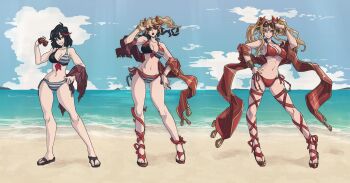 2girls adjusting_eyewear beach bikini black_footwear black_hair blue_bikini bow bracelet breasts character_transformation cloud collarbone colored_tips commentary english_commentary eyewear_on_head flip-flops gluteal_fold granblue_fantasy hair_bow hand_on_eyewear hand_on_own_hip high_heel_sandals highres holding holding_removed_eyewear jewelry kamuify kill_la_kill looking_at_viewer matoi_ryuuko medium_breasts midriff multicolored_hair multiple_girls navel ocean official_alternate_costume open_mouth parted_lips red_bikini red_bow red_footwear sandals sequential short_hair smile smirk streaked_hair striped_bikini striped_clothes sunglasses swimsuit transformation twintails unworn_eyewear zeta_(granblue_fantasy) zeta_(summer)_(granblue_fantasy)