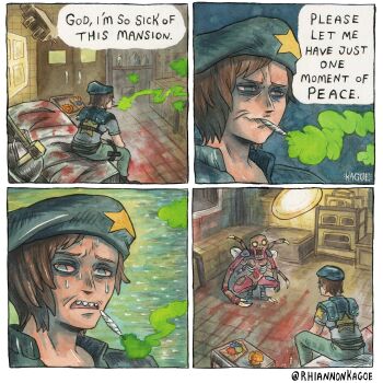 Rule 34 | absurdres, artist name, beret, blood, blue eyes, blue hat, blue shirt, brown hair, commentary, english commentary, hat, highres, joint (drug), monster, resident evil, resident evil 1, rhiannon kagoe, shirt, shoulder pads, sitting, smoking, speech bubble, stoned