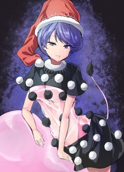1girl black_capelet black_dress blob blue_eyes blue_hair breasts capelet commentary_request cowboy_shot doremy_sweet dress female_focus hat highres looking_at_viewer medium_breasts multicolored_dress nightcap parted_lips pom_pom_(clothes) red_hat see-through_clothes short_dress short_hair solo standing swept_bangs tail tapir_tail touhou y2