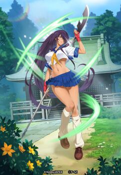 Rule 34 | 1girl, asymmetrical underboob, blue eyes, breasts, crossover, hair over one eye, highres, hobby japan, ikkitousen, kan'u unchou, large breasts, long hair, midriff, navel, official art, queen's blade, queen's blade limit break, skirt, solo